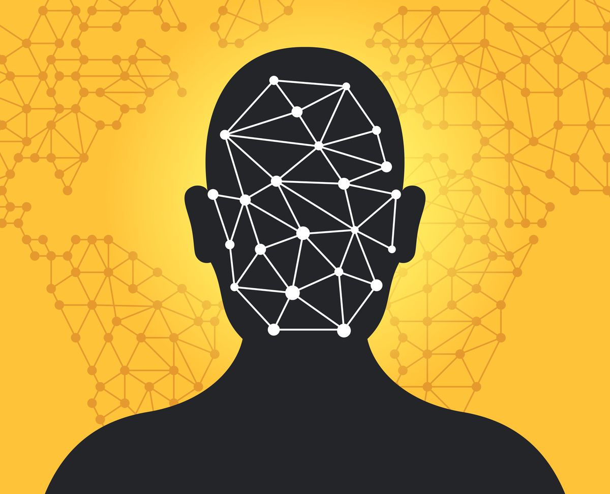 A silhouette of a person with connected dots on their face, representing facial recognition technology