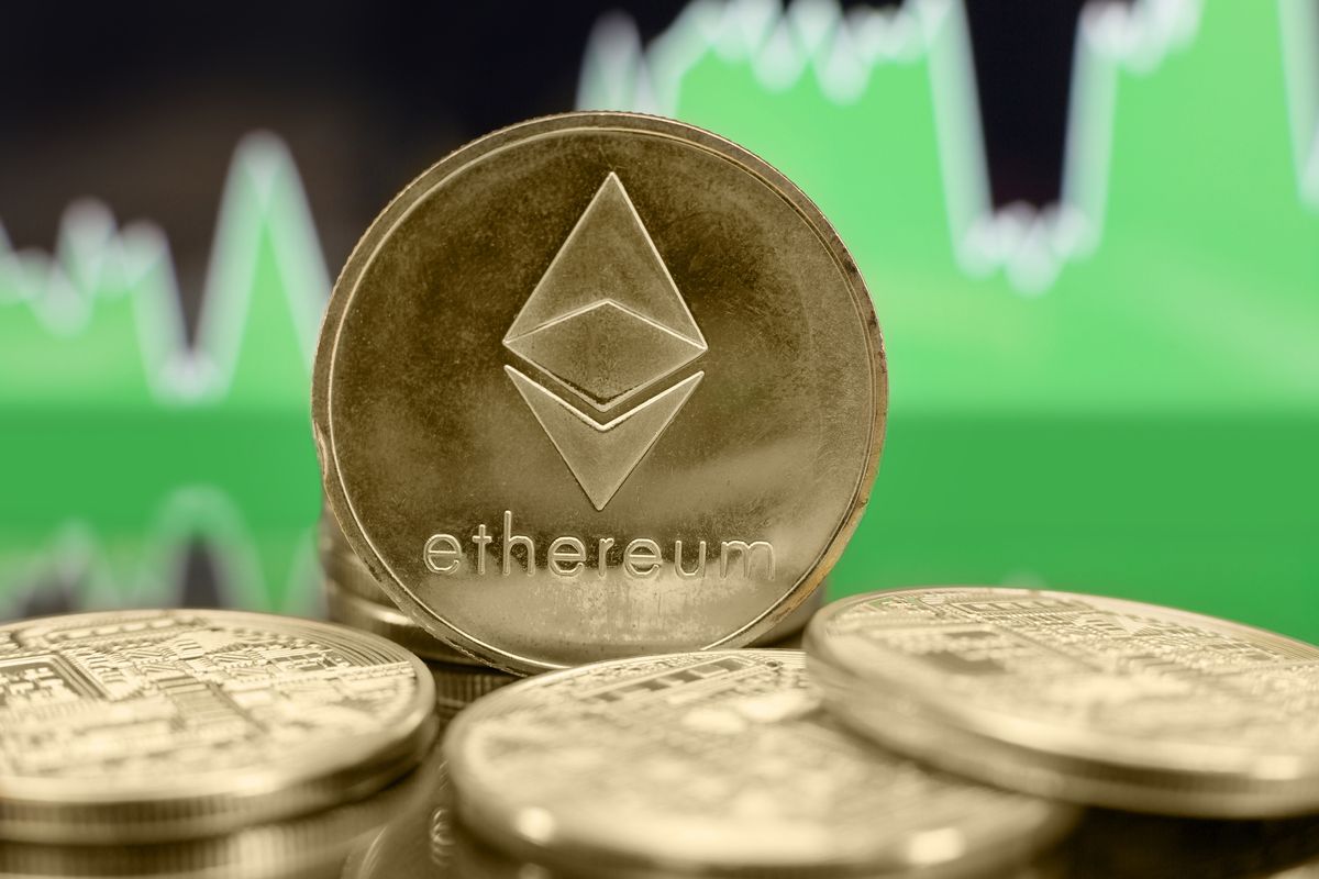 Ethereum coin with a green chart background