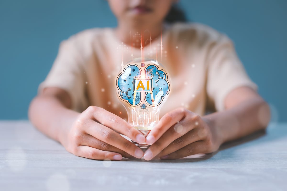Girl holding light bulb with virtual Artificial Intelligence and virtual digital brain