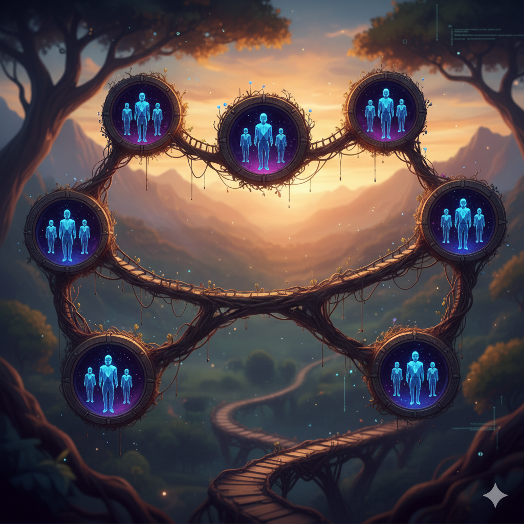 Conceptual illustration depicting AI agents interacting through microservice architectures in a guild-to-guild communication model