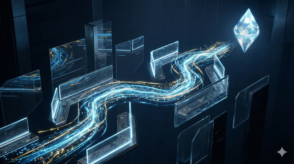 Futuristic visualization of glowing data streams flowing between transparent system panels toward a central crystal, symbolizing anticipatory AI and adaptive execution.